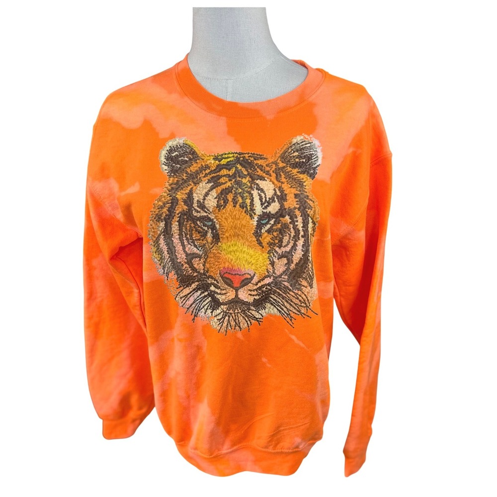 Gildan Heavy Blend Orange Tie Dye Tiger Graphic‎ Sweatshirt Size S